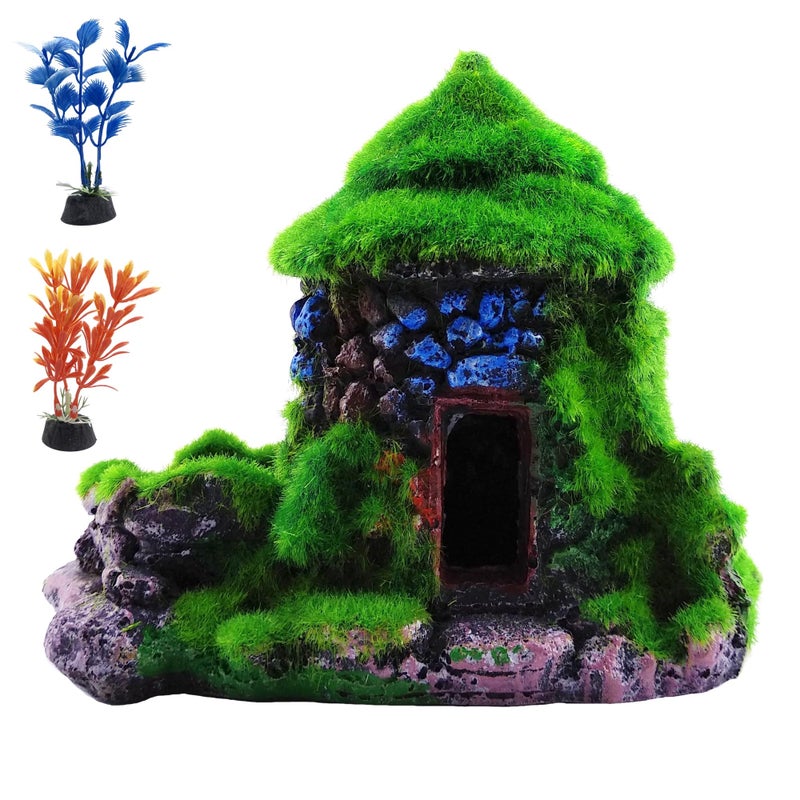 M2cbridge Aquarium Decorations Fish Hideout House Betta Cave with Green Lifelike Moss (Style 1) - Image 1